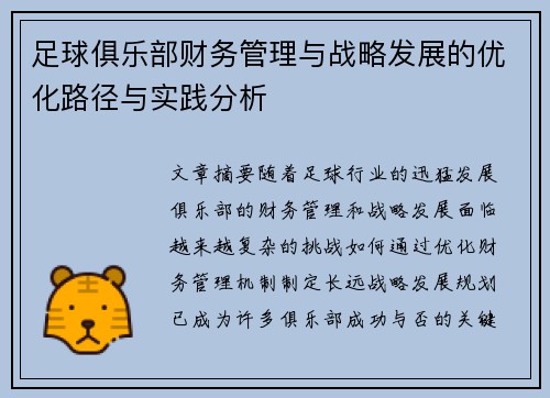 足球俱乐部财务管理与战略发展的优化路径与实践分析 足球俱乐部财务管理与战略发展的优化路径与实践分析